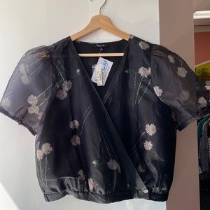 NWT Silk wrap blouse. Lovely full stem flora print and poof sheer sleeve.
